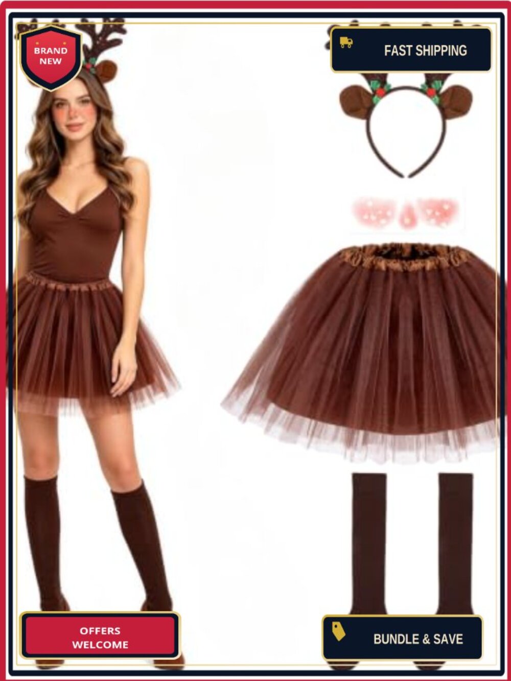 Reindeer Costume Set 5 Piece Tutu Skirt Headband Socks Tattoos Cosplay